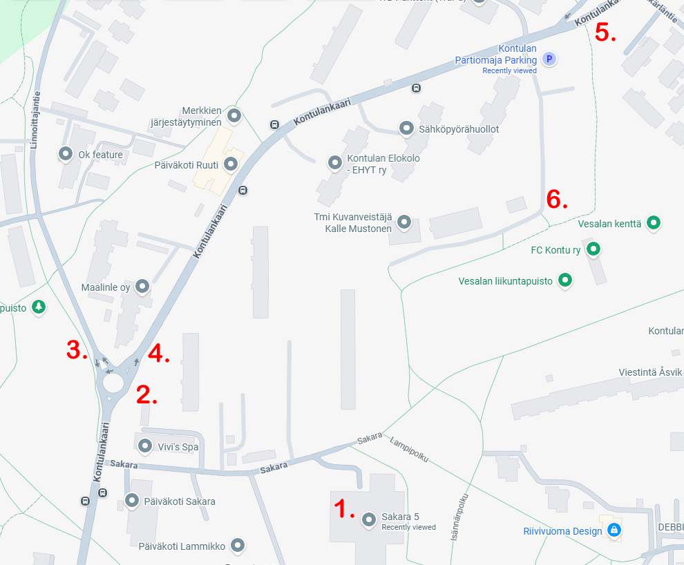 Picture of Vesala area with points of interest marked with numbers.