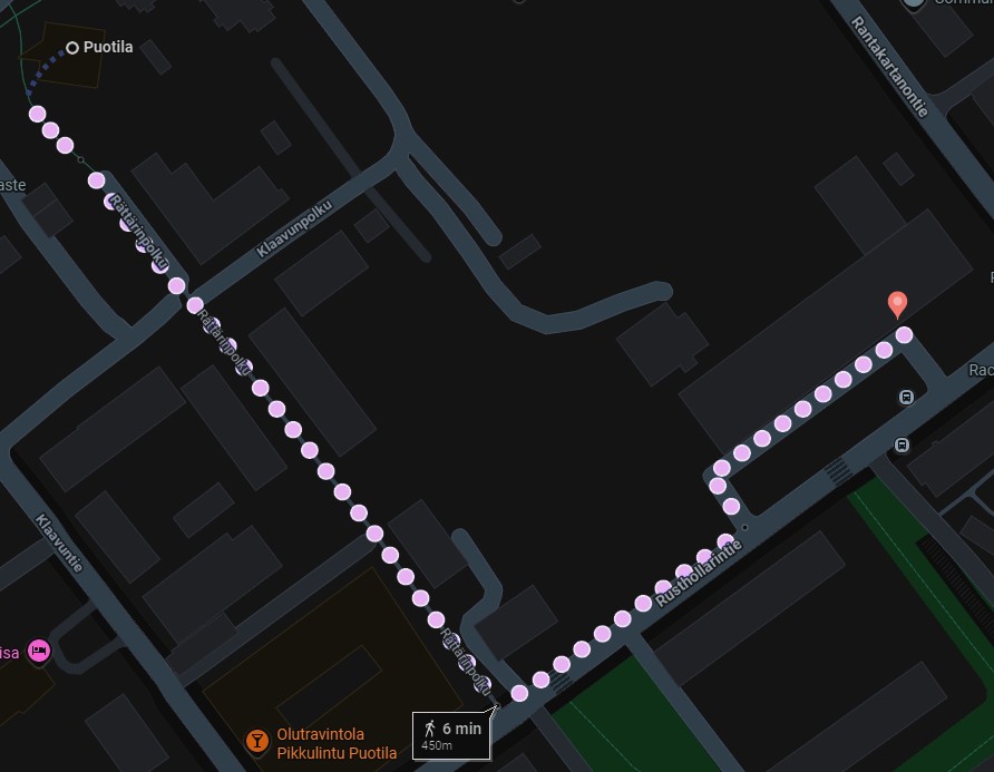 Picture of walking route from Puotila metro station to Vartiokylä secondary school.