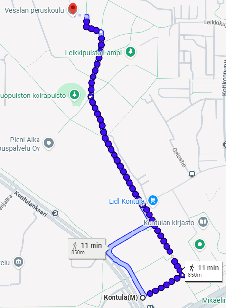 Picture of how to walk to Vesala comprehensive school from Kontula metro station.